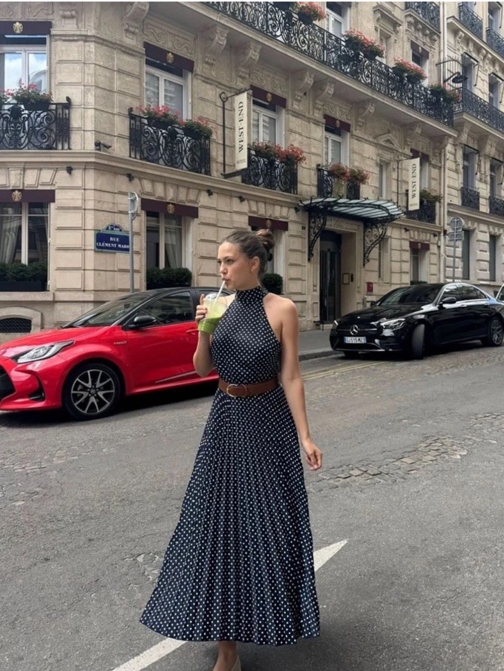 ZARA Navy Polka Dot Halter Maxi Dress with Brown Belt - Picture 7 of 13
